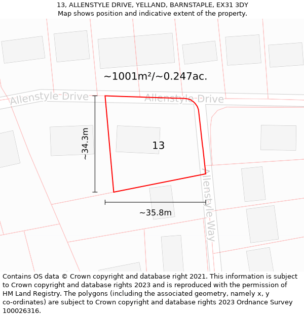 13, ALLENSTYLE DRIVE, YELLAND, BARNSTAPLE, EX31 3DY: Plot and title map