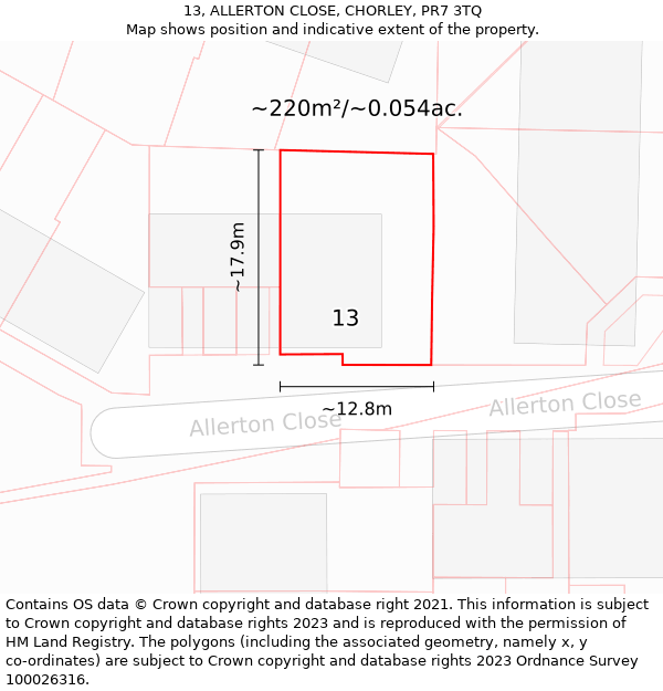 13, ALLERTON CLOSE, CHORLEY, PR7 3TQ: Plot and title map