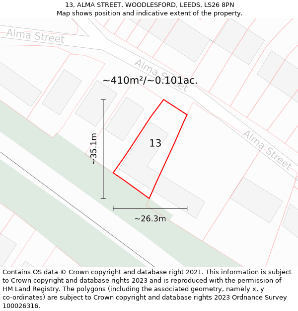 13, ALMA STREET, WOODLESFORD, LEEDS, LS26 8PN: Plot and title map