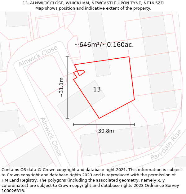 13, ALNWICK CLOSE, WHICKHAM, NEWCASTLE UPON TYNE, NE16 5ZD: Plot and title map