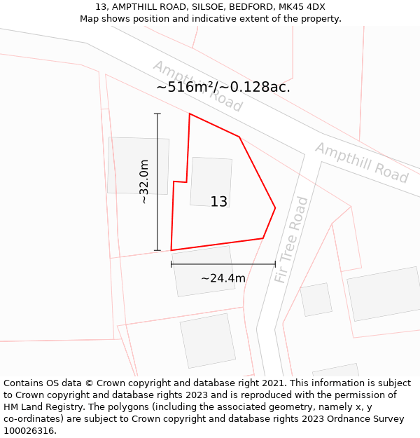 13, AMPTHILL ROAD, SILSOE, BEDFORD, MK45 4DX: Plot and title map