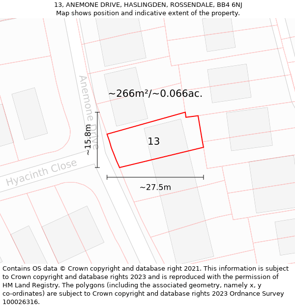 13, ANEMONE DRIVE, HASLINGDEN, ROSSENDALE, BB4 6NJ: Plot and title map