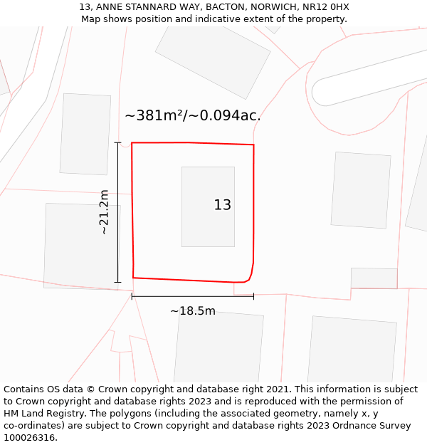 13, ANNE STANNARD WAY, BACTON, NORWICH, NR12 0HX: Plot and title map