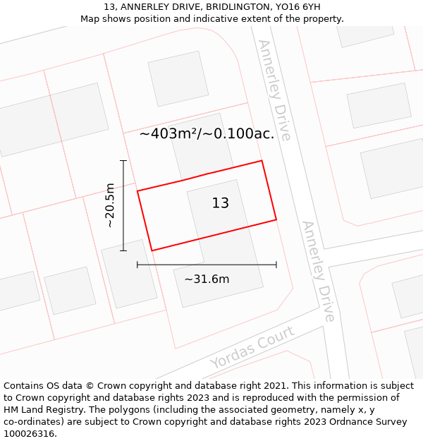 13, ANNERLEY DRIVE, BRIDLINGTON, YO16 6YH: Plot and title map