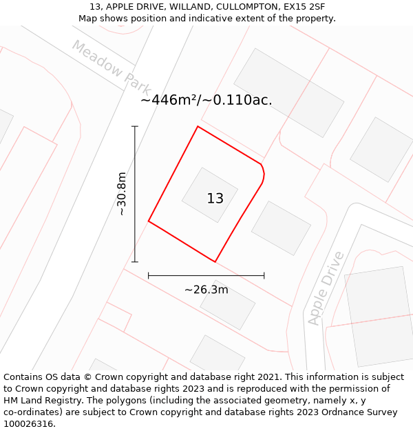 13, APPLE DRIVE, WILLAND, CULLOMPTON, EX15 2SF: Plot and title map