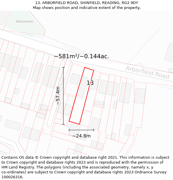 13, ARBORFIELD ROAD, SHINFIELD, READING, RG2 9DY: Plot and title map