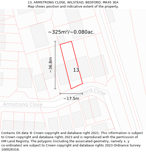 13, ARMSTRONG CLOSE, WILSTEAD, BEDFORD, MK45 3EA: Plot and title map