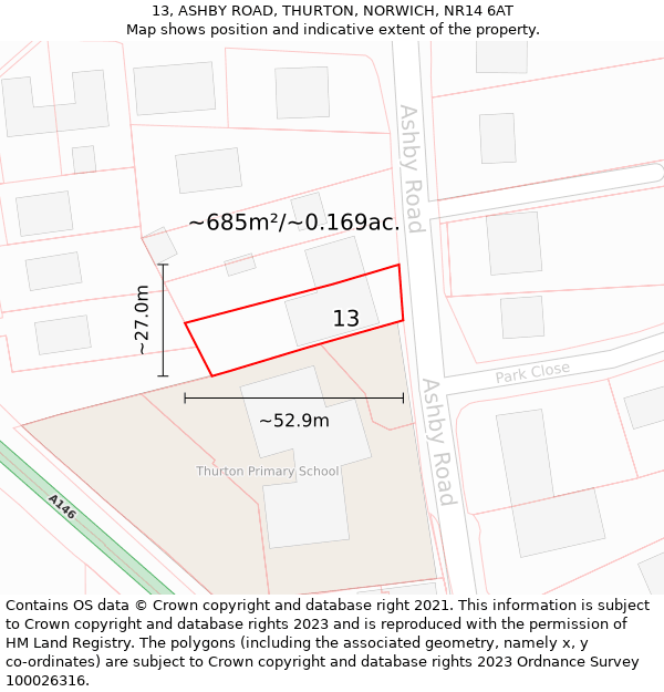 13, ASHBY ROAD, THURTON, NORWICH, NR14 6AT: Plot and title map