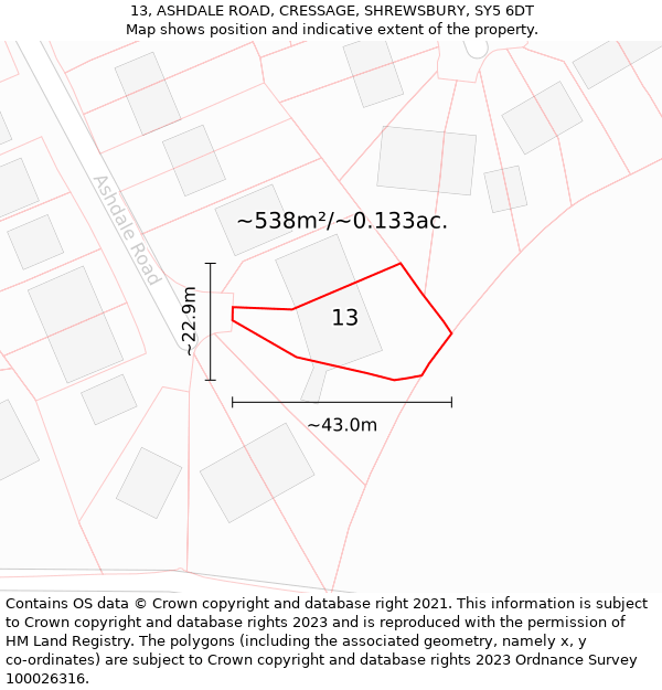 13, ASHDALE ROAD, CRESSAGE, SHREWSBURY, SY5 6DT: Plot and title map