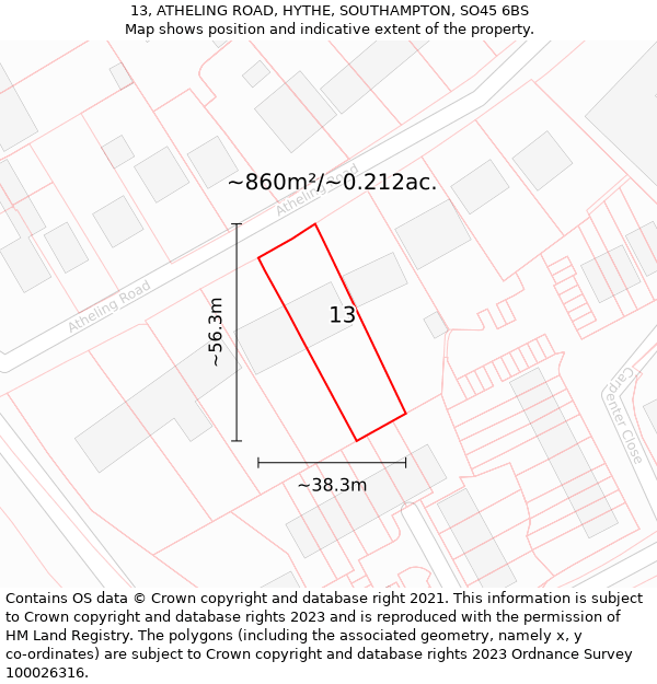 13, ATHELING ROAD, HYTHE, SOUTHAMPTON, SO45 6BS: Plot and title map