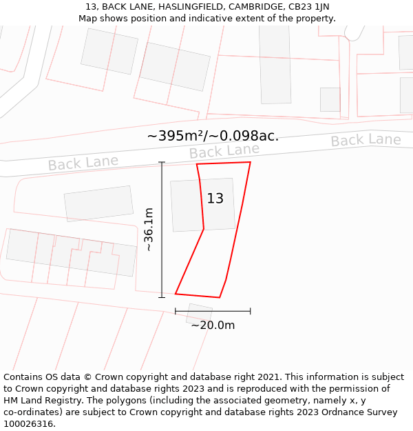 13, BACK LANE, HASLINGFIELD, CAMBRIDGE, CB23 1JN: Plot and title map