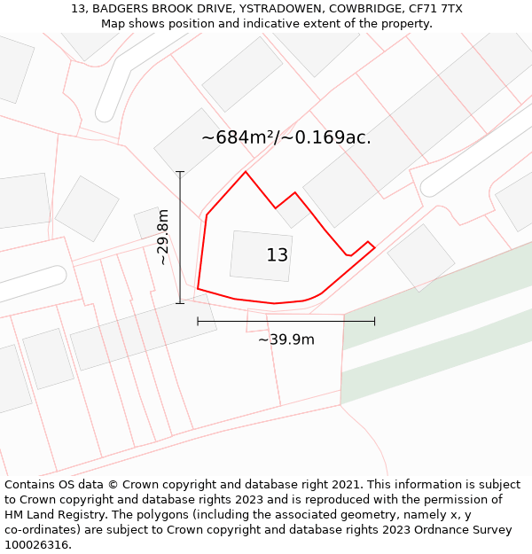 13, BADGERS BROOK DRIVE, YSTRADOWEN, COWBRIDGE, CF71 7TX: Plot and title map