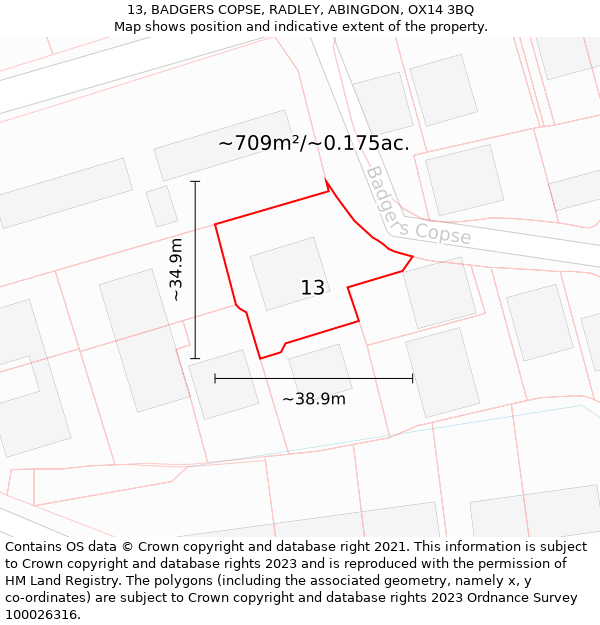 13, BADGERS COPSE, RADLEY, ABINGDON, OX14 3BQ: Plot and title map