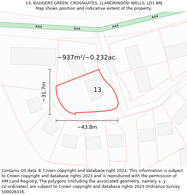 13, BADGERS GREEN, CROSSGATES, LLANDRINDOD WELLS, LD1 6RJ: Plot and title map