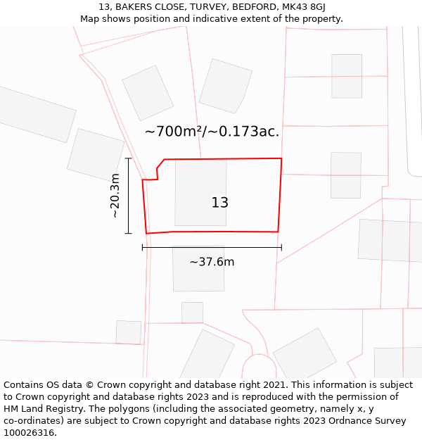 13, BAKERS CLOSE, TURVEY, BEDFORD, MK43 8GJ: Plot and title map