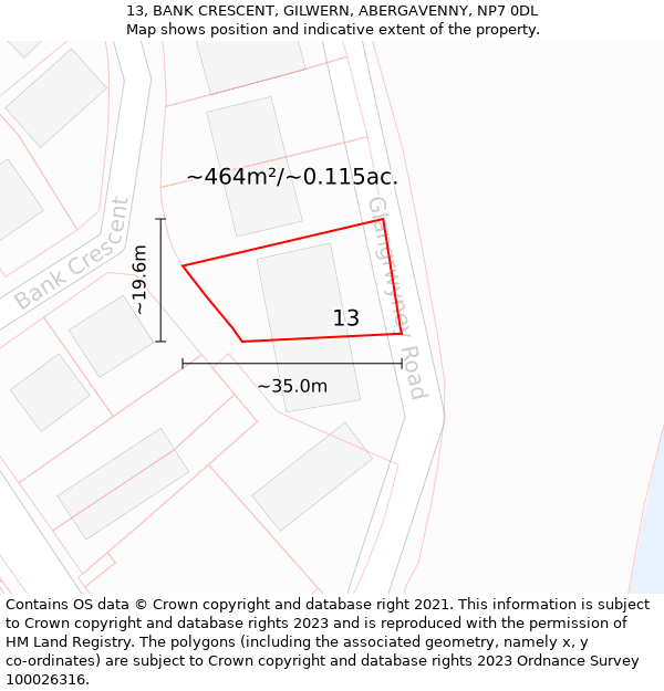 13, BANK CRESCENT, GILWERN, ABERGAVENNY, NP7 0DL: Plot and title map