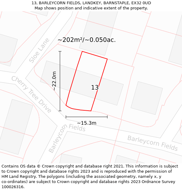 13, BARLEYCORN FIELDS, LANDKEY, BARNSTAPLE, EX32 0UD: Plot and title map