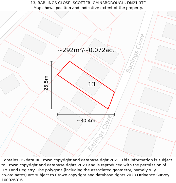 13, BARLINGS CLOSE, SCOTTER, GAINSBOROUGH, DN21 3TE: Plot and title map