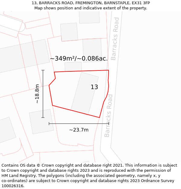 13, BARRACKS ROAD, FREMINGTON, BARNSTAPLE, EX31 3FP: Plot and title map