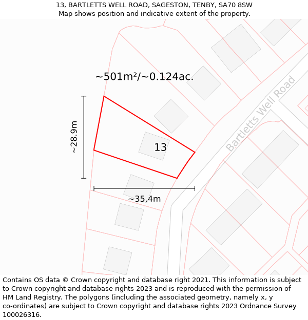 13, BARTLETTS WELL ROAD, SAGESTON, TENBY, SA70 8SW: Plot and title map