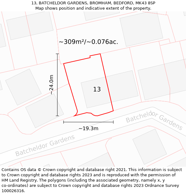 13, BATCHELDOR GARDENS, BROMHAM, BEDFORD, MK43 8SP: Plot and title map