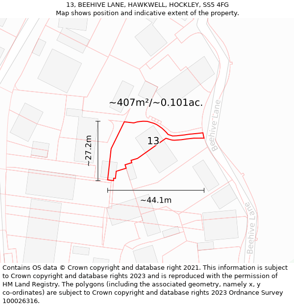 13, BEEHIVE LANE, HAWKWELL, HOCKLEY, SS5 4FG: Plot and title map