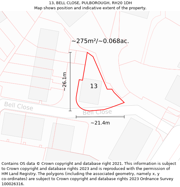 13, BELL CLOSE, PULBOROUGH, RH20 1DH: Plot and title map