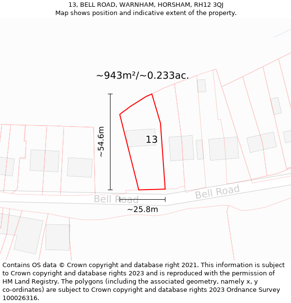 13, BELL ROAD, WARNHAM, HORSHAM, RH12 3QJ: Plot and title map