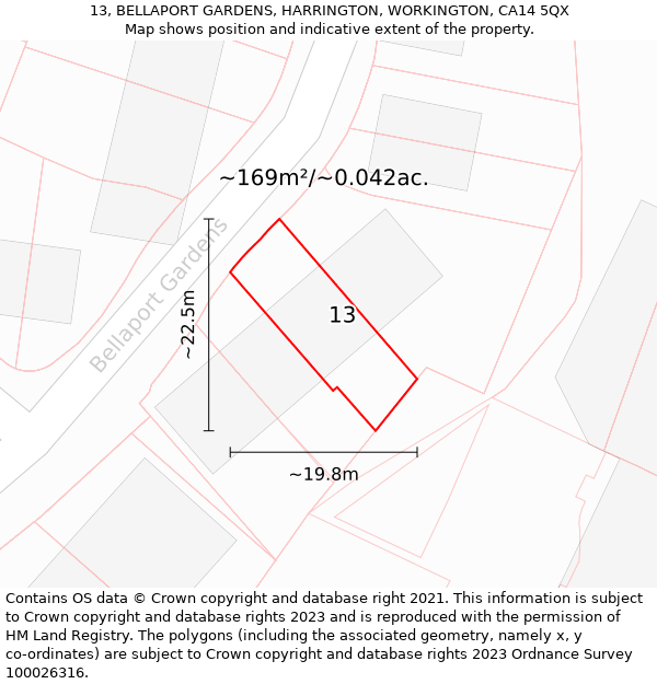 13, BELLAPORT GARDENS, HARRINGTON, WORKINGTON, CA14 5QX: Plot and title map