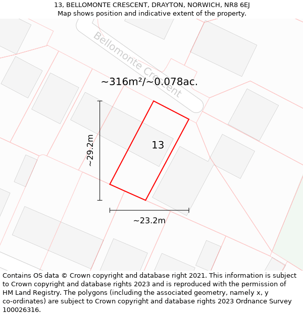 13, BELLOMONTE CRESCENT, DRAYTON, NORWICH, NR8 6EJ: Plot and title map