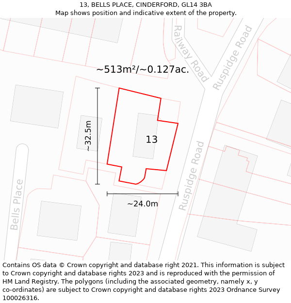 13, BELLS PLACE, CINDERFORD, GL14 3BA: Plot and title map