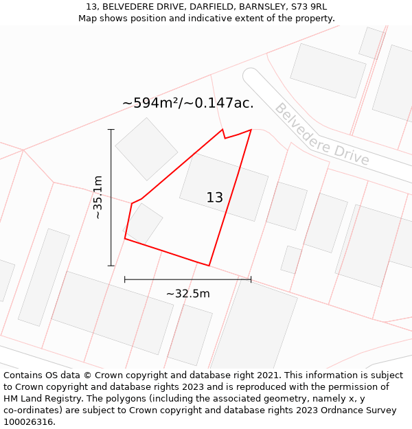 13, BELVEDERE DRIVE, DARFIELD, BARNSLEY, S73 9RL: Plot and title map