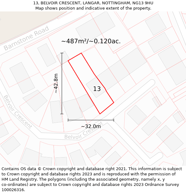 13, BELVOIR CRESCENT, LANGAR, NOTTINGHAM, NG13 9HU: Plot and title map