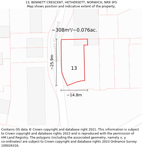 13, BENNETT CRESCENT, HETHERSETT, NORWICH, NR9 3FS: Plot and title map