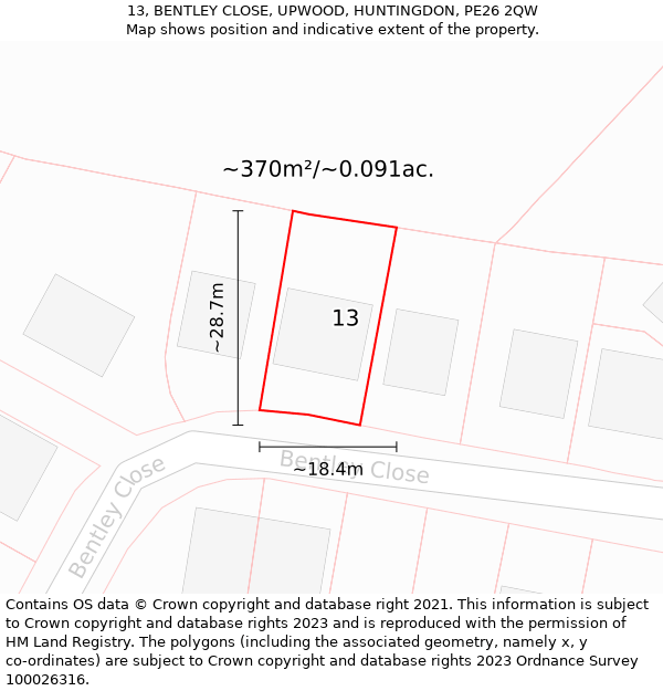 13, BENTLEY CLOSE, UPWOOD, HUNTINGDON, PE26 2QW: Plot and title map