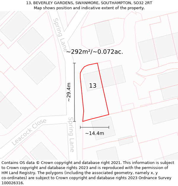 13, BEVERLEY GARDENS, SWANMORE, SOUTHAMPTON, SO32 2RT: Plot and title map