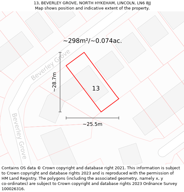 13, BEVERLEY GROVE, NORTH HYKEHAM, LINCOLN, LN6 8JJ: Plot and title map