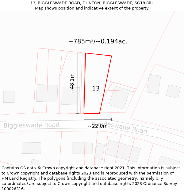 13, BIGGLESWADE ROAD, DUNTON, BIGGLESWADE, SG18 8RL: Plot and title map