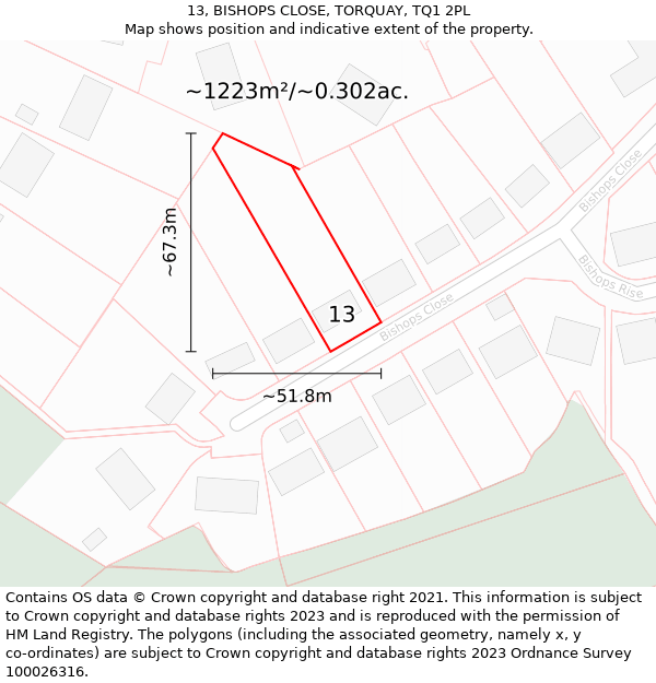 13, BISHOPS CLOSE, TORQUAY, TQ1 2PL: Plot and title map