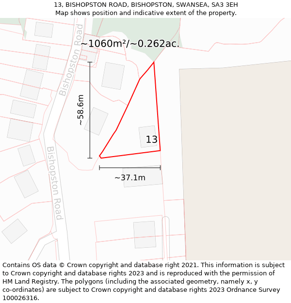 13, BISHOPSTON ROAD, BISHOPSTON, SWANSEA, SA3 3EH: Plot and title map