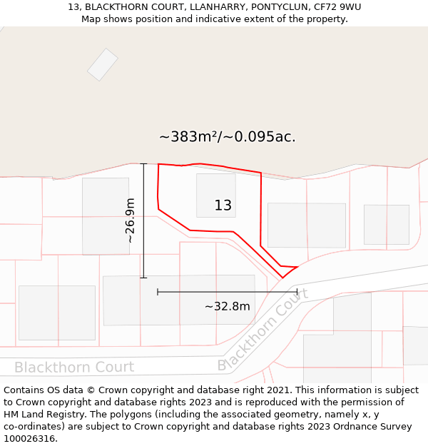 13, BLACKTHORN COURT, LLANHARRY, PONTYCLUN, CF72 9WU: Plot and title map