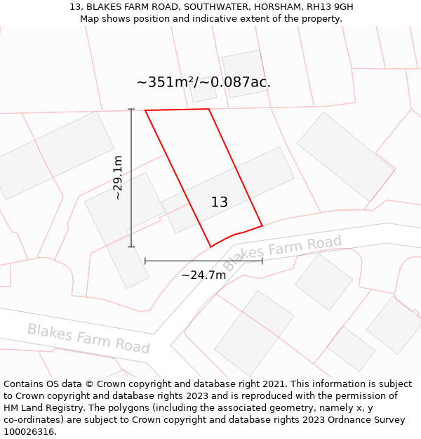 13, BLAKES FARM ROAD, SOUTHWATER, HORSHAM, RH13 9GH: Plot and title map