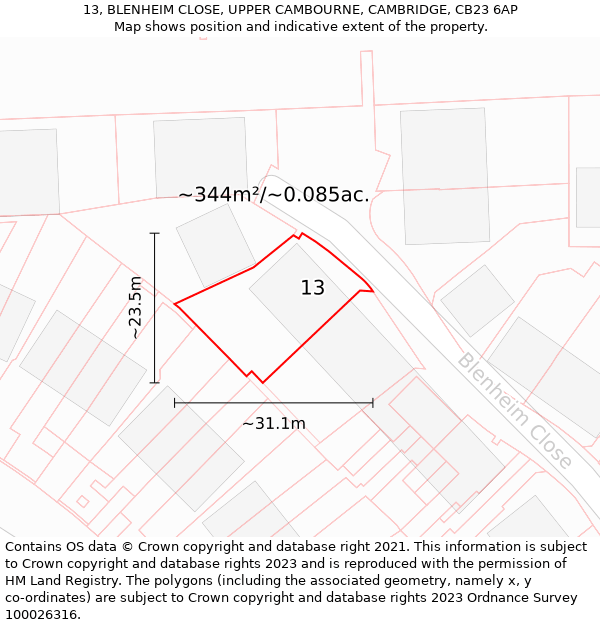 13, BLENHEIM CLOSE, UPPER CAMBOURNE, CAMBRIDGE, CB23 6AP: Plot and title map