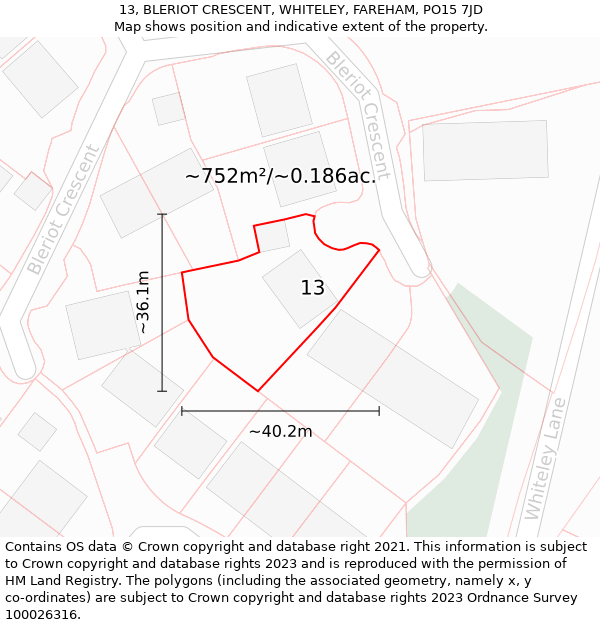 13, BLERIOT CRESCENT, WHITELEY, FAREHAM, PO15 7JD: Plot and title map