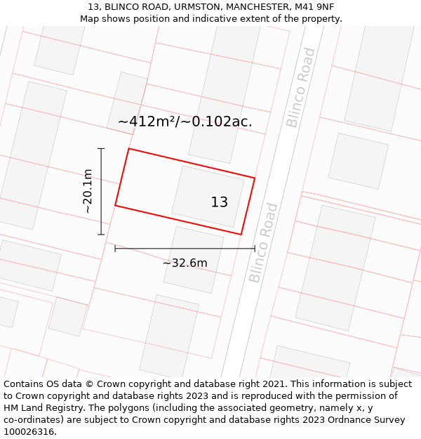 13, BLINCO ROAD, URMSTON, MANCHESTER, M41 9NF: Plot and title map