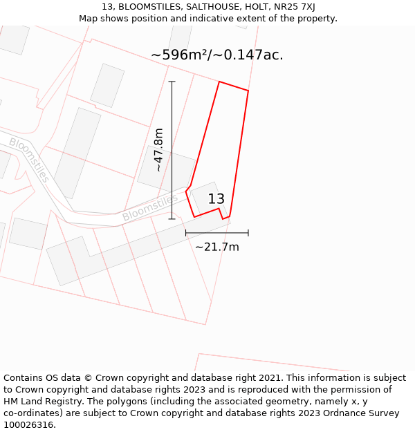 13, BLOOMSTILES, SALTHOUSE, HOLT, NR25 7XJ: Plot and title map