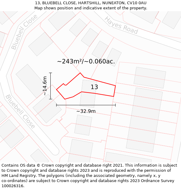 13, BLUEBELL CLOSE, HARTSHILL, NUNEATON, CV10 0AU: Plot and title map