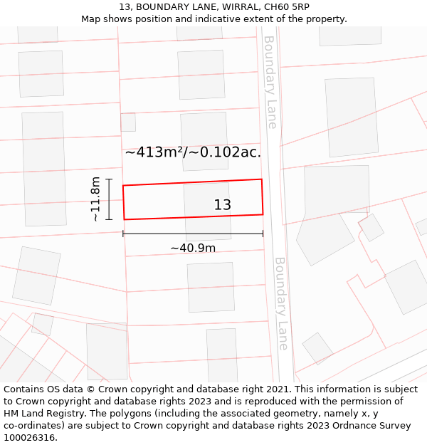 13, BOUNDARY LANE, WIRRAL, CH60 5RP: Plot and title map