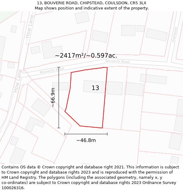 13, BOUVERIE ROAD, CHIPSTEAD, COULSDON, CR5 3LX: Plot and title map