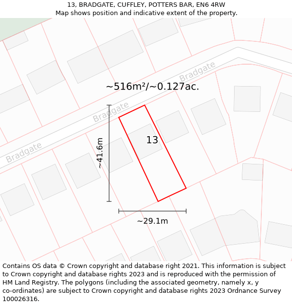 13, BRADGATE, CUFFLEY, POTTERS BAR, EN6 4RW: Plot and title map